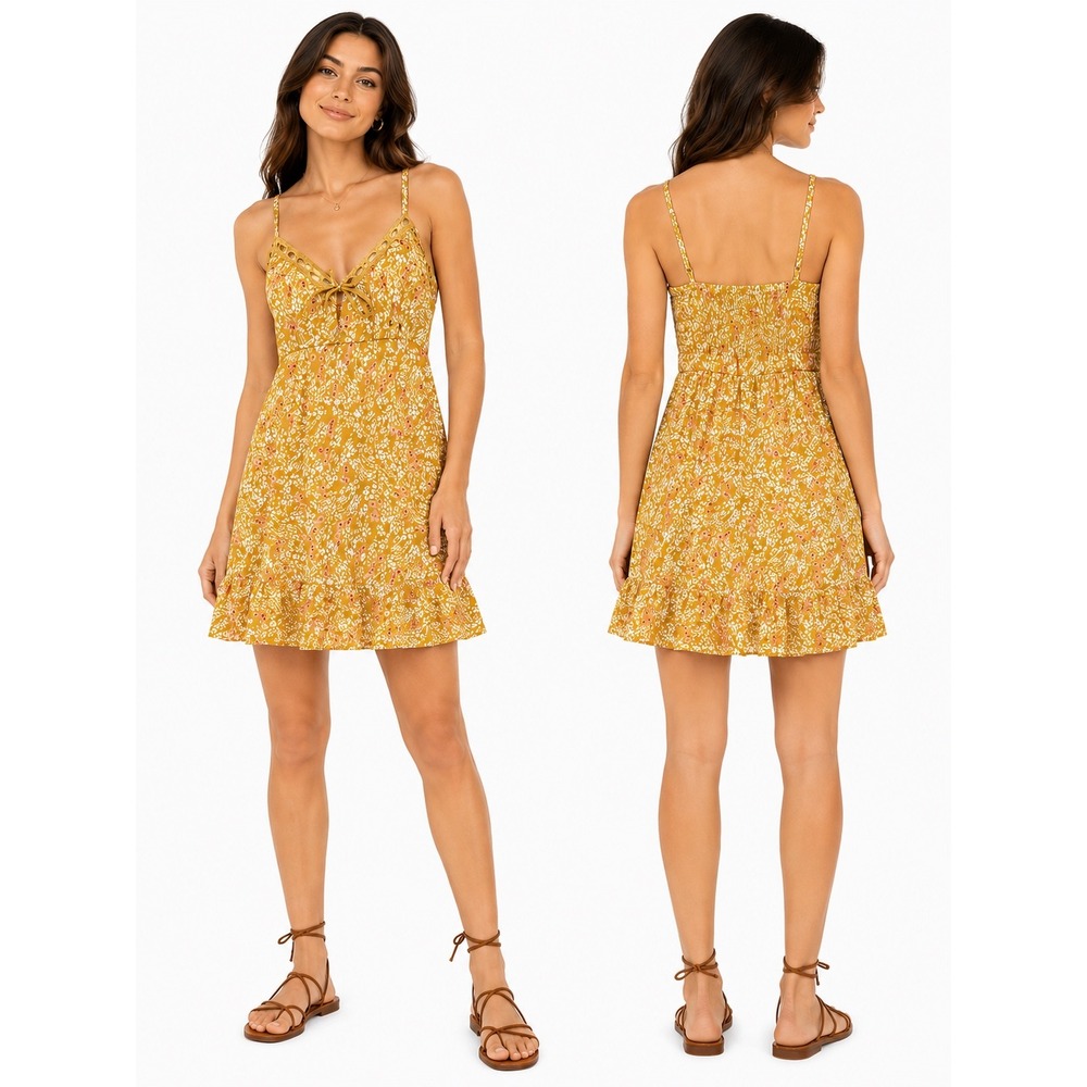No Boundaries Floral Mini Dress Women XXS Yellow Ruffle Smocked Cottagecore Boho